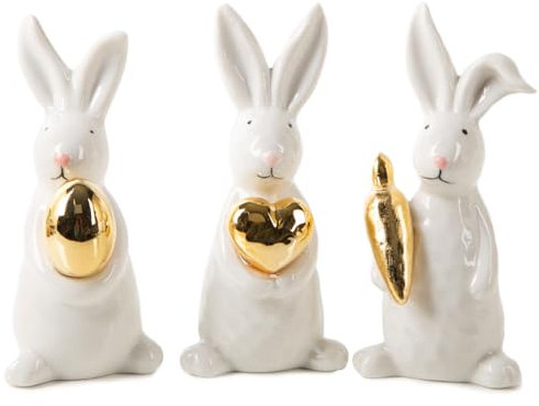 Logbuch-Verlag 3 edle Osterhasen Deko Figuren Gold weiß Osterdekoration aus Porzellan Ostergeschenke 12,5 cm