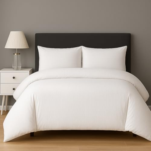 Dreamology Bettwäsche-Set für Super-Kingsize-Betten (260 x 220 cm), Polyester-Baumwollgewebe, strukturierter Stoff, Dobyy-Streifen, Knopfverschluss, Bettbezug-Set, Bettbezüge mit 2 Kissenbezügen (Weiß
