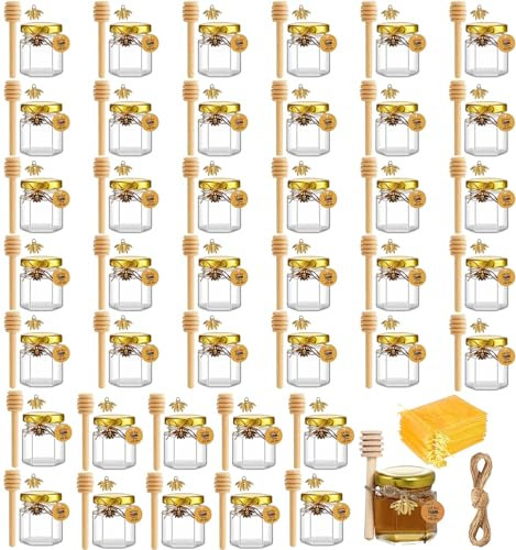 Tel Charme * 40 tarros de miel, 45 ml, mini tarros de cristal de miel, pequeños con cuchara de miel, colgante de abeja, tarjetas de agradecimiento, perfectos para baby shower, bodas, regalos de fiesta