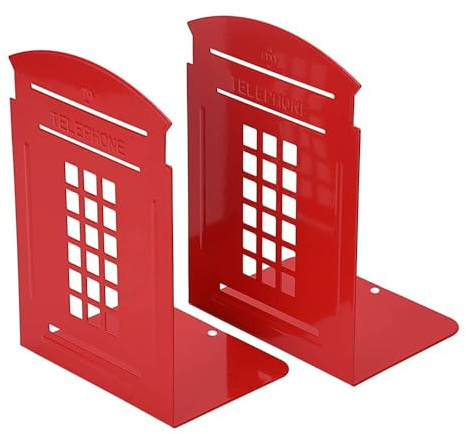 MerryNine 2 Pack Book Ends, Metal Bookends for Shelves, Telephone Booth Decorative Book end, Non Skid Heavy Bookends, Book, Magazine or CD Organizers for Home and Office Red