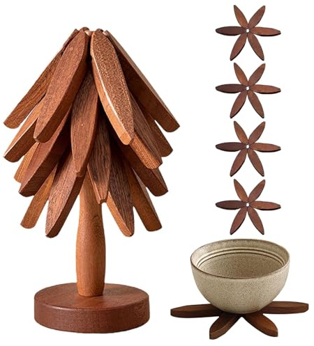 sous-Verres en Forme d’Arbre, Trépied en Bois pour Plat Chaud, 4 Dessous De Plat en Bois + 1 Support Range, Convient pour Les Casseroles Et Les Poêles, Les Tasses Et Les Décorations d'Intérieur