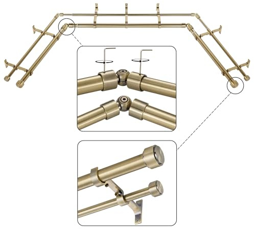 Mayrhyme Antique Bronze Double Corner Window Curtain Rods with Aluminum End Cap Finials and Brackets,1 Inch Diameter Dual Bay Window Curtain Rods, Adjustable 2 Sided 32-58 and 32-86 Center Double Rod