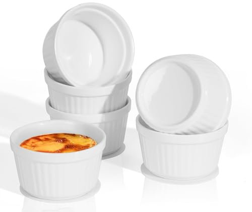 Ramequines de porcelana blanca, 200 ml, moldes para hornear soufflé, plato de porcelana para pasteles pequeños, crema brulee, pudín y salsa de helado, paquete duradero de 6 unidades