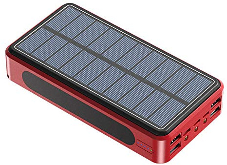 Power Bank Solaire Portable 100 000 mAh avec Lampe Torche LED, 4 Sorties et 3 entrées, Batterie Externe sans Fil pour iPhone et Android, Rouge