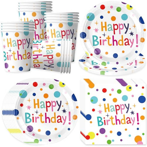 Bikasun Set di stoviglie per feste di compleanno per 16 ospiti, set di stoviglie usa e getta, tovaglioli, piatti di carta bianca, piatti di carta, compleanni Decorazioni per bambini, colorate