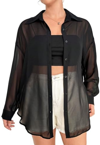 GORGLITTER Damen Transparente Bluse Luftig Hemdshirt Curvy Blusen Casaul Oberteil Oversized Hemdbluse Cardigan mit Drop Shoulder Schwarz 2XL