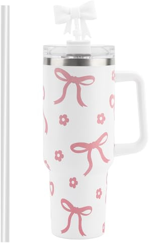 FIDWALL Vaso Térmico 40oz con asa y Pajita,Taza de Agua Aislante de Acero Inoxidable,Reutilizable,A Prueba de Fugas,Gran Capacidad,Tapa con Lazo para Pajita,para Niñas y Mujeres