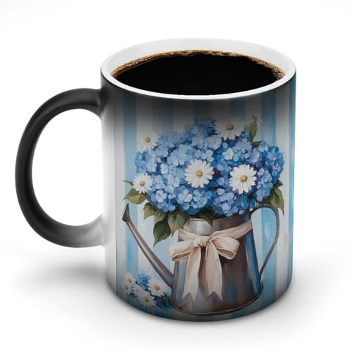 KWQDOZF Blue Hydrangeas in an Old Watering Can Color Changing Mugs Heat Changing Ceramic Coffee Mug Novelty Tea Cup Funny Water Cup for Home Office 11OZ