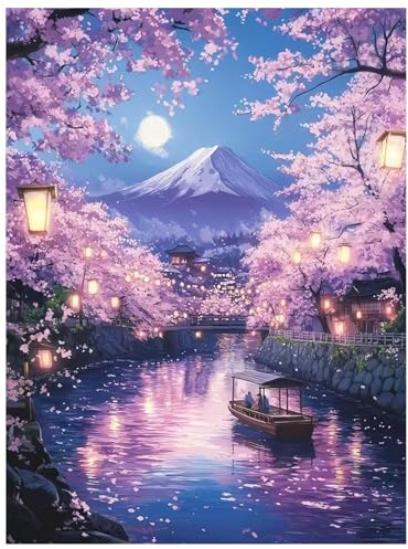 Qiukoo Diamond Painting Erwachsene Landschaft Kirschblüten 30x40cm | 5D Vollbohrer Bastelset zur Entspannung, als Geschenk und für Zuhause als Wanddekoration
