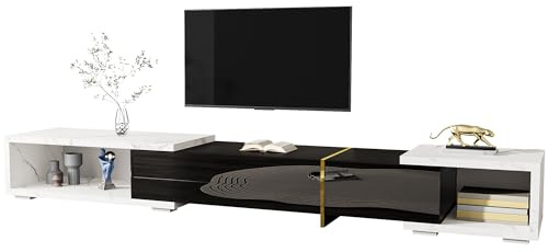 Variabler TV-Schrank (140-260 cm) mit Drehfunktion, in schwarzer Marmoroptik und weißem Hochglanz-Matt-Finish mit Goldakzenten (Black)