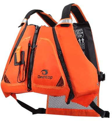 Owntop Schwimmweste Erwachsene mit Mesh-Rücken, Signalpfeife, großen Taschen | Hervorragende Auftrieb | Einstellbare Auftriebswesten | Leichte Schwimmhilfe für Kajak, Angeln, Paddeln (Orange,XS-S)