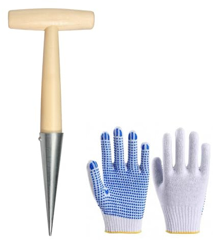 Plantar madera herramientas de jardín tradicionales, herramientas de jardín con guantes, plantador de cebollas, madera de acero inoxidable, barra piquera para la plantación de jardín, cebollas