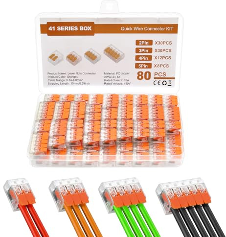 80 Stück Kabelverbinder Set, Hebel-Kabelklemmen Elektro 2/3/4/5 Polig, Lüsterklemmen für Feste & Flexible Kabel bis 4 mm², Klemmen Set für Flammfestes PC