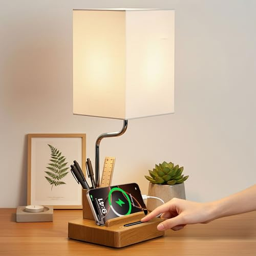 OUTON 8000mAh Rechargeable Bedside Table Lamp, USB A+C Charging Ports, Phone Stand & Pen Holder, Touch Control, 3 Color Temperatures & Slide Dimmer, Battery Indicator, Cordless Lamp for Home & Office