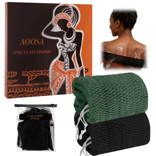 AOOSA 2 Pièces Filet de Douche Africain, Éponge Filet Africain-Vert +Noir | Séchage Rapide, Net Sponge with Knots pour Hommes Femmes, Exfoliating Eponge de Bain, Réseau D’éponge à la Maison Voyage