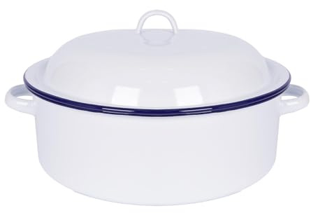 Argon Tableware 30cm White Round Enamel Roaster with Blue Rim – Durable Oven & Camping Roasting Pan, Self-Basting Lid, Rustic Kitchenware for Chicken, Meat & Vegetables