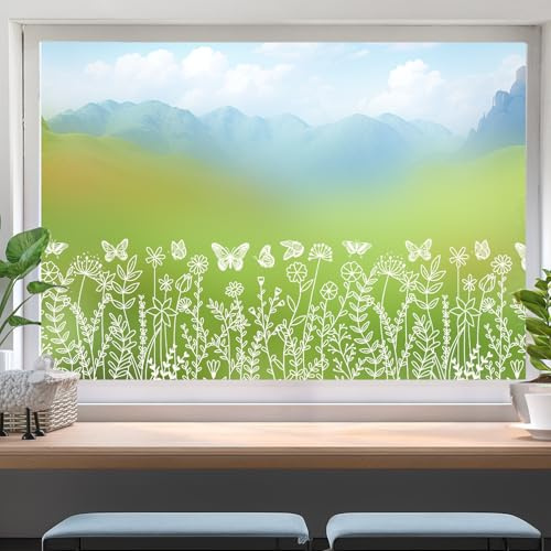 110 x 29.5cm Fensterbilder Frühling Sommer Blumen, Fensterbilder Selbstklebend Pusteblume, Weiß Fensteraufkleber Blumen Schmetterlinge, Anti-Kollision Fensterfolie Glastüren Fensterdeko Aufkleber
