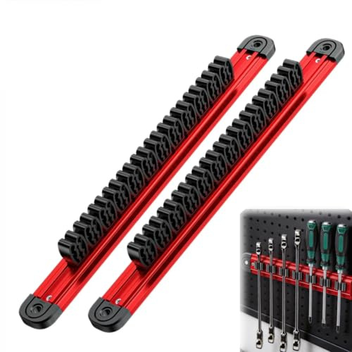 FTISSLY 2 Pcs Soporte Imán Herramientas de Aluminio Rojo, Organizador de Herramientas Pared con 24 Clips Deslizantes, Barra Imán Herramientas para Destornilladores, Llaves y Alicates, 39,5cm, Taler