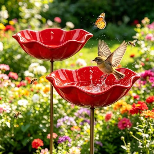 2Stück Vogeltränke Blume Winterfest Futterstation Vögel,Insektentränke Blumes Für Den Garten,Vogeltränke Metall Gartenstecker,Bienentränke Gartens Für Bienens,Futterschale, Für Rasen (2Pcs Rot)