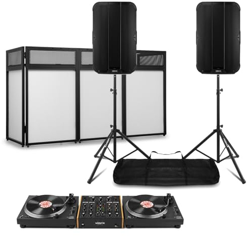 Vonyx Vinyl DJ Package with 2 Direct Drive Turntables, 4 Channel Rotary Mixer, Active 15 Inch PA Speakers, Speaker Stands, DJ Booth, RCA and XLR Cables for Mobile DJ Setup