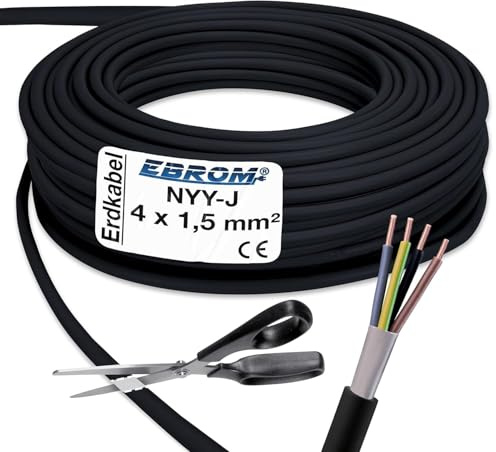 EBROM Erdkabel NYY-J 4x1,5 mm² Starkstromkabel Erdleitung schwarz -10 m | 10 bis 100m - Elektrokabel zur Verlegung im freien oder im Erdreich - VDE 0276, Teil 603 - Nennspannung: 600/1000V, 4x1,5 mm2