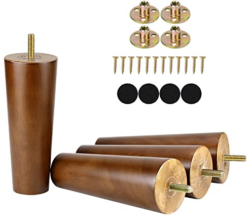 6 Inch Wood Furniture Legs Set of 4 Replacement Feet for Cabinet Couch Chair Sofa Legs Mid Century Predrilled M8 Bolt with Mounting Nuts and Screws