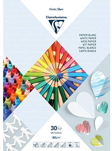 Clairefontaine 97240C - Block mit weißem Zeichenpapier, DIN A3, 29,7x42cm, 30 Blatt 90g, Weiß, 1 Stück