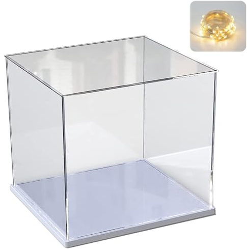 Acryl Vitrine Schaukasten für LEGO 10309 21265 75328 76428 Helmet, Glasvitrine Acrylbox Transparent Würfel für Figuren Sammlerstücke Spielzeug mit Holz-Kunststoff-Basis & Licht, Weiß Innen 20x20x20 cm