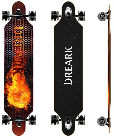 Longboard 42 Zoll Erwachsene Mädchen Jungen Anfänger, ABEC 11, Drop-Through Freeride Skateboards Cruiser bis 120 kg (Fire)