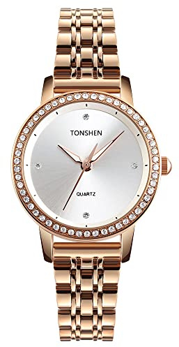 TONSHEN damklockor i rostfritt stål kristalldekoration analog kvartskalender avslappnad affärsklocka, Rosa, armband