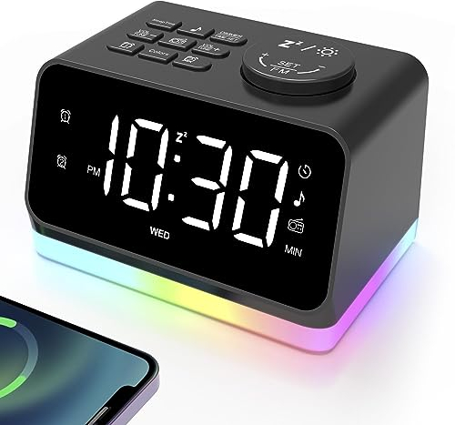 AFEXOA Radio Reveil Digital avec Double Alarme,Réveil Numérique Chiffre Coloré avec Radio FM et 2 Ports de Chargement USB,Réveil Matin avec 8 Lumières, Snooze,Aide au Sommeil,Minuterie (Noir)