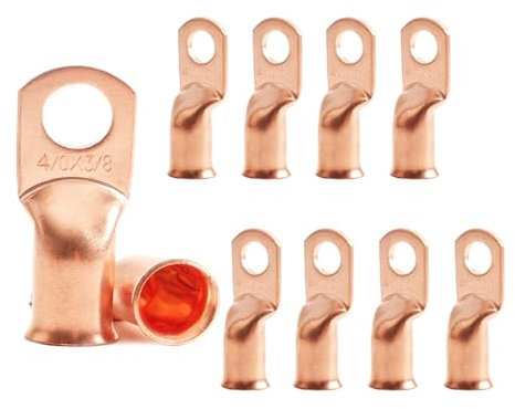 10pcs 4/0 AWG 3/8 Stud Copper Ring Terminals Battery Cable Ends Wire Lugs 4/0 Gauge Battery Cable Lugs Heavy Duty Cable Lugs Bare Copper Eyelets Tubular Ring Terminal Connectors