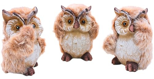 Deko-Eulen im 3er Set - Nicht sehen, Nicht hören, Nicht sprechen, Eulenstatuen aus Polyresin, Keramik - Eulen mit Fell in braun, Größe: L/B/H 6 x 7 x 10 cm.