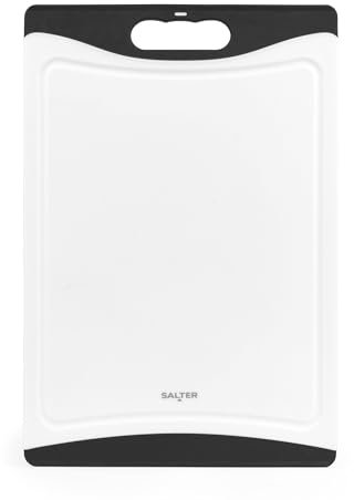 Salter Plastic Chopping Board – Double-Sided Cutting Board, Non-Slip, Easy to Clean, Dishwasher Safe, Food Preparation, Prevent Cross-Contamination, Outer Groove, Meat & Vegetables, Black/White