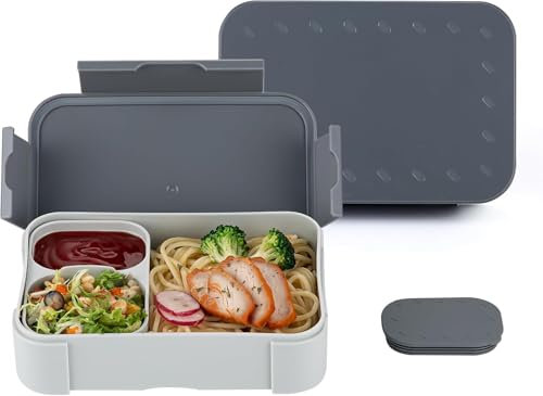 Pavlleen Fiambrera para niños con compartimentos, 900 ml, a prueba de fugas, fiambrera de viaje, fiambrera, apta para la escuela, pícnic, microondas y lavavajillas (gris)