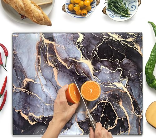 Kitchenville Glasschneidebrett 50×40 cm – Hygienisches Schneidebrett aus gehärtetem Glas – Hitzebeständig, Kratzfest & Rutschfest – Glasplatte für die Küche – Grau & Gold