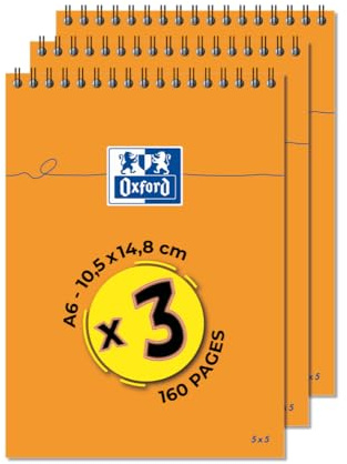 Oxford Lot de 3 Bloc‐Notes Orange A6 Petits Carreaux 5mm 80 Feuilles Reliure Intégrale Couverture Carte Enduite Orange