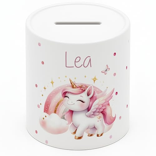 Personalisierte Spardose Kinder mit Namen – Keramik Sparschwein als Taufgeschenk, Geburtstagsgeschenk & Einschulungsgeschenk – Spardose Mädchen & Jungen, Geschenke zur Taufe - Einhorn-Rosa (8x9,5 cm)