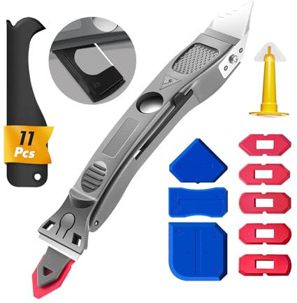 FOLAI Caulking Tool 5 in 1 Sealant Finishing Tool Bathtub Caulk with Stainless Head&5 Replace Silicone&4 Grout Scrapers Pads Kitchen,Glass Glue Angle Scraper for Bathroom, Floor,Wall, Floor, Tile