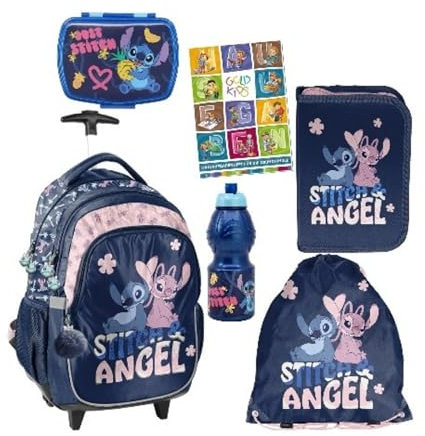 PASO - Cartable pour garçons et filles - Lot de 6 sacs à dos d'écolier à roulettes pour enfants avec trousse - Sac à chaussures - Boîte à déjeuner - Gourde - Motif Lilo et Stitch - 1-3 classes