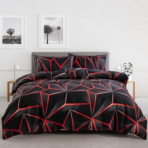 LYJKLST Bettwäsche 200x200 3teilig Bettbezug Geometrisches Muster - Bettwäsche-Sets 200 x 200 cm mit 2 Kissenbezüge 80x80cm, ÖKO-TEX Bettwäsche Bedding Geometrie mit Reißverschluss Rot und Schwarz