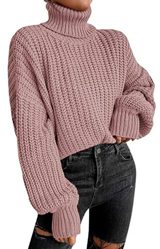 Générique Löst stickad tröja för kvinnor - ledig ståkrage tröja enfärgad tröja toppar långärmade tröjor vår höst tröja med låg ärm tröja, Rd2, XL