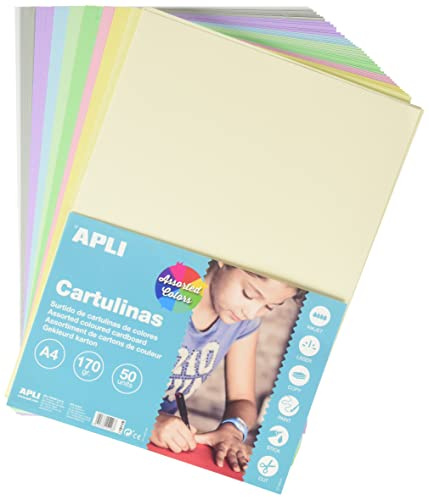 APLI 15116-50 feuilles de carton de diverses couleurs pastel (blanc, gris, lilas, bleu clair, vert clair, vert émeraude, rose, jaune clair, ivoire, crème) - Format: A4-170 g/m²