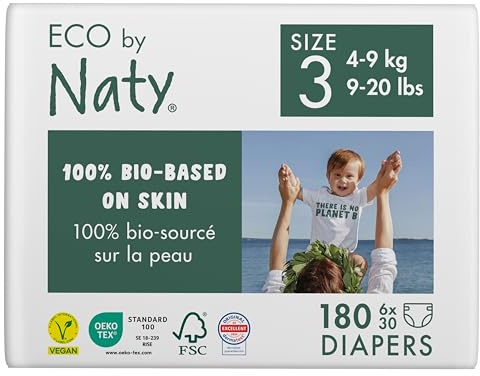 Naty ekologiska babyblöjor - växtbaserade miljövänliga eko blöjor, bra för känslig babyhud och förhindrar läckage (Storlek 3, 180 stycken)