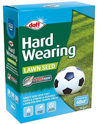 Doff Hardwearing Lawn Seed Plus Procoat – 1kg Grass Seed for Gardens – 100% Coated Seed - Hard-Wearing & Durable Green Grass Year-Around Growth - Bird-Resistant