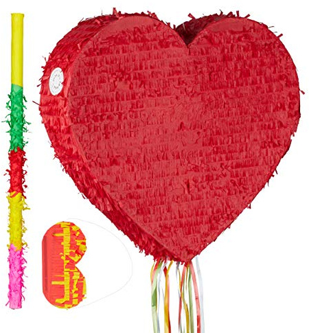 3 tlg. Pinata Set Herz, Pinatastab mit Augenmaske, Piñata, Stock & Augenbinde, zum selbst befüllen, Herzpinata, bunt