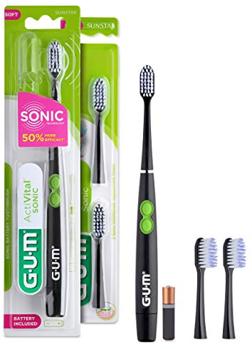 GUM ActiVital Sonic Spazzolino Elettrico a Batteria a Vibrazioni Soniche/Setole affusolate per una pulizia efficace e delicata / 12.000 vibrazioni al minuto/Colore Nero / + 2 Testine di Ricambio