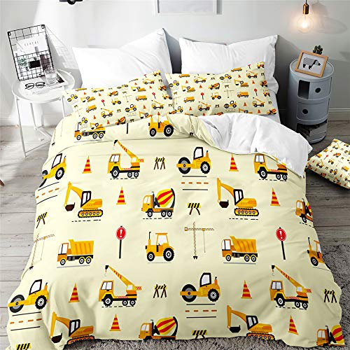 Morbuy Transportdruck Bettbezug Bettwäsche Set - 3D Erwachsene Kinder Bettwäsche-Set, Mikrofaser Weiche Bettbezug mit Reißverschluss und Kissenbezüge (135x200cm,Bagger)