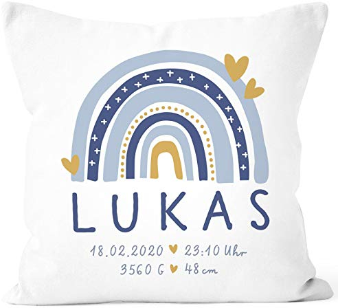 SpecialMe® personalisierbarer Kissen-Bezug zur Geburt Regenbogen Herzen Namenskissen Baby Jungen weiß 40cm x 40cm