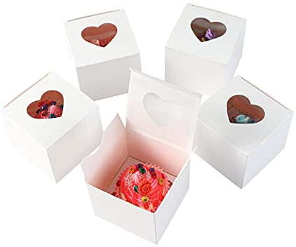 Komonee 12 x Cupcake Boxes Individual White Heart Shape Clear Window Single Fairy Cup Cake Cardboard Packaging Box Baking Kids Muffins Cookies Brownies Christmas Bake Weddings
